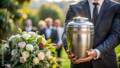 Person holding silver urn, memorial service, cremation ceremony.