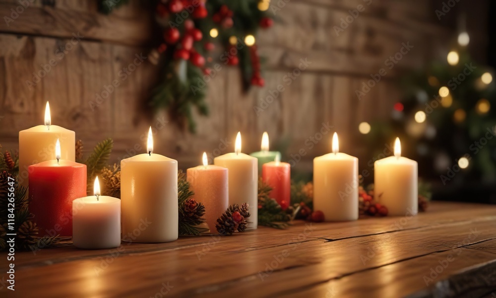 Festive holiday candles lit on a wooden table, holiday decor, twinkling lights Festive holiday candles lit on a wooden table, holiday decor, twinkling lights