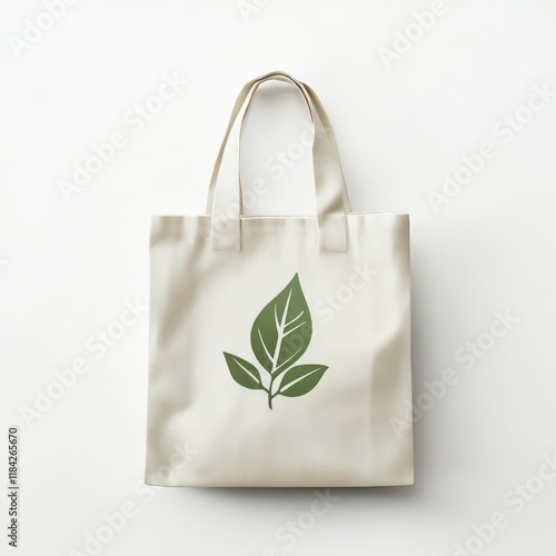 Minimalistic reusable tote bag with a green leaf graphic, symbolizing eco-friendliness and sustainability. Perfect for shopping and promoting a zero-waste lifestyle. AI generative. photo