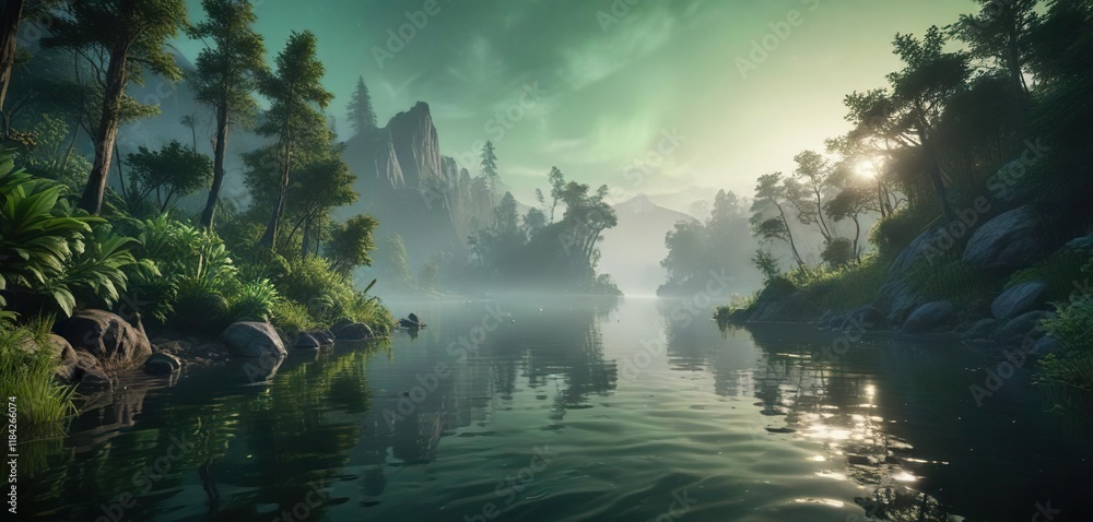 custom made wallpaper toronto digitalLush greenery and misty water illuminated by soft aurora lights in the morning, tree, morning