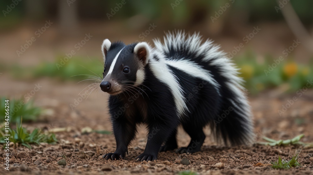 Young skunk standing on ground, looking left. (1) Young skunk standing on ground, looking left. (1)