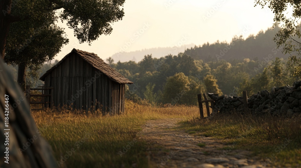 Obraz premium Rustic wooden cabin on a path in a tranquil countryside setting at sunset.