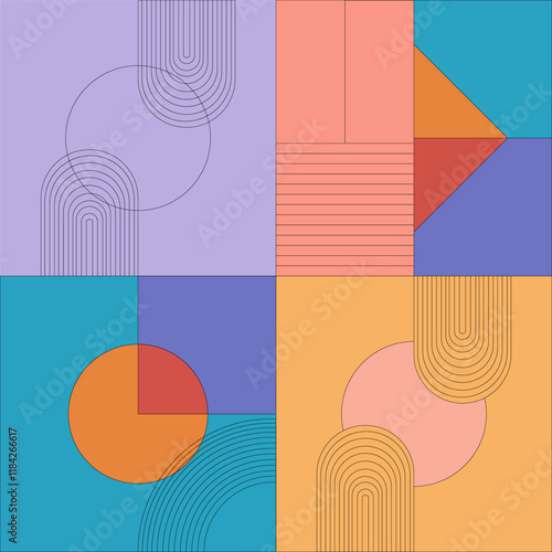 An abstract composition of geometric shapes combining circles, semicircles and rectangles in orange, blue and lavender tones.