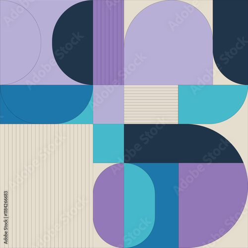 Abstract design with large circles, semicircles and lines, made in shades of purple, blue and orange colors. The composition is built on contrasts between rounded shapes and straight lines.