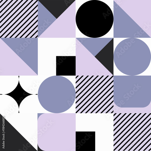 Abstract design with large circles, semicircles and lines, made in shades of purple, blue and orange colors. The composition is built on contrasts between rounded shapes and straight lines.