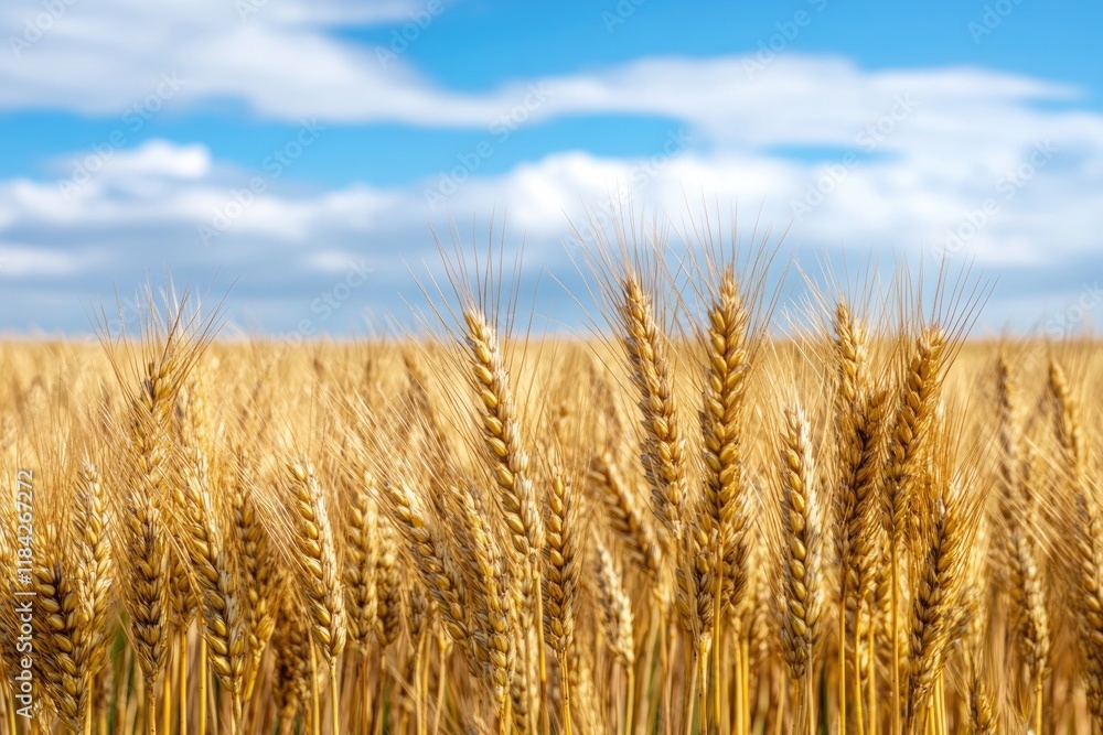 Golden wheat swaying gently under bright blue sky with fluffy cl Golden wheat swaying gently under bright blue sky with fluffy cl