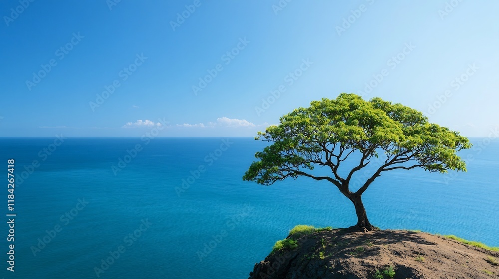 Lush Tropical Tree Perched on Cliff Overlooking Serene Ocean Horizon Lush Tropical Tree Perched on Cliff Overlooking Serene Ocean Horizon