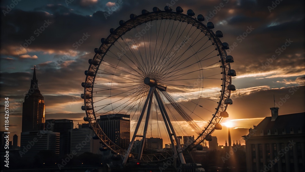 Silhouette of Ferris wheel at sunset, urban tranquility. Silhouette of Ferris wheel at sunset, urban tranquility.