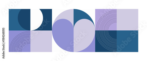 A mosaic composition of large purple and blue shapes forming a complex abstraction. The design emphasizes harmonious lines and symmetry.