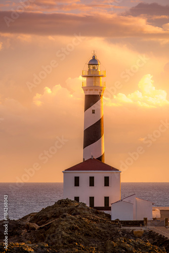 Obraz na płótnie Favaritx Lighthouse at dawn, located on the island of Menorca in the Balearic Islands, Spain, offering serene coastal views and a striking contrast of light against rocky cliffs w salonie