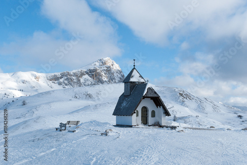 Chapel in the Dolomites in the winter