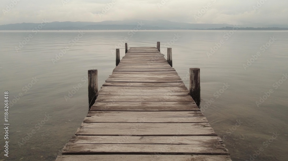 Fototapeta premium Serene wooden pier extending into calm lake waters under a cloudy sky.