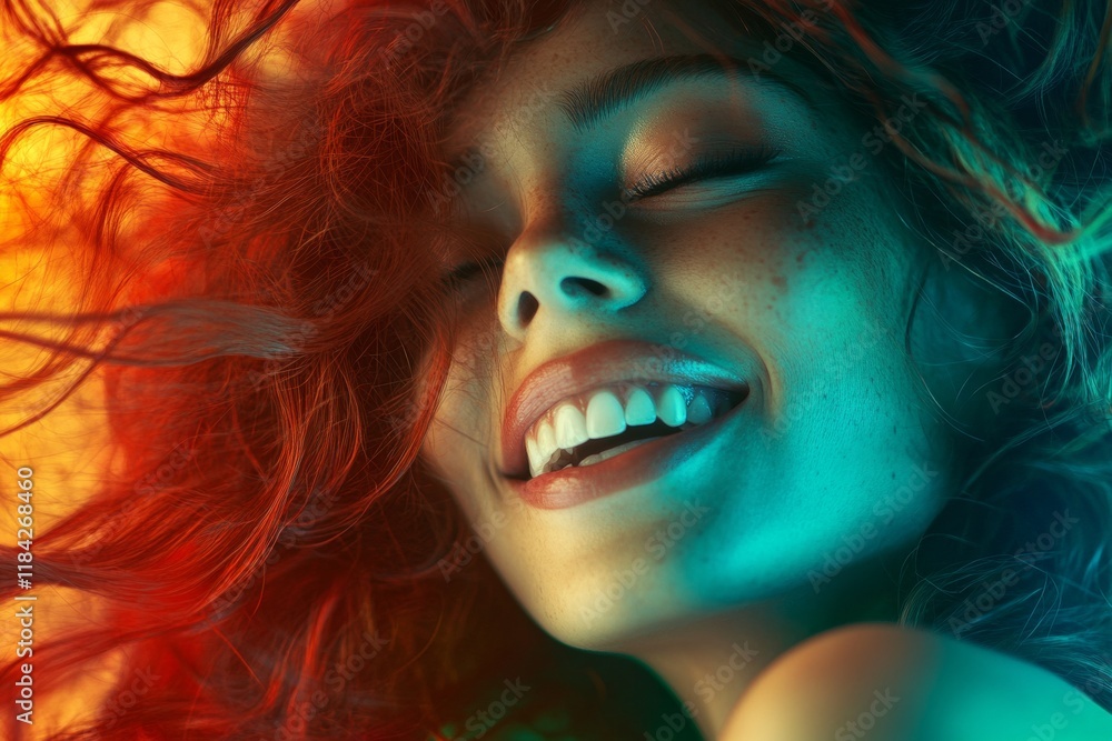 Obraz premium Long haircut - beach waves hair. Attractive smiling mixed-race girl - for ads, brochure and social apps use. Commercial promotion artwork. Black woman creative advertising. Long hair concepts.