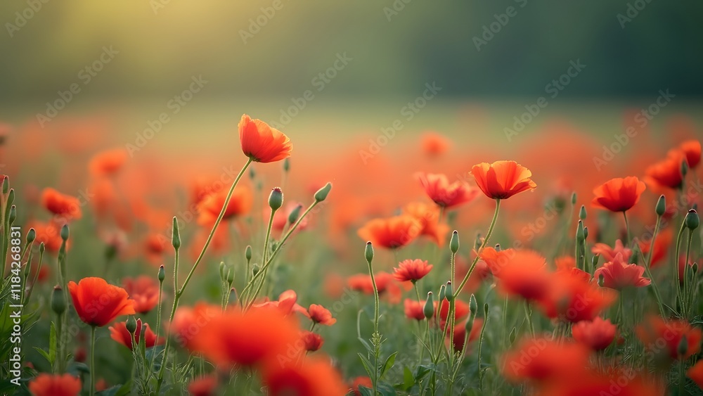 Obraz premium Vibrant Red Poppy Field, Stunning Nature Photography, Blooming Flowers in a Lush Meadow