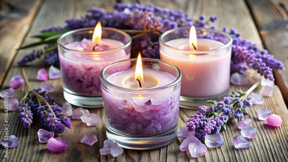 Scented candles with lavender and crystals, holistic healing. Scented candles with lavender and crystals, holistic healing.