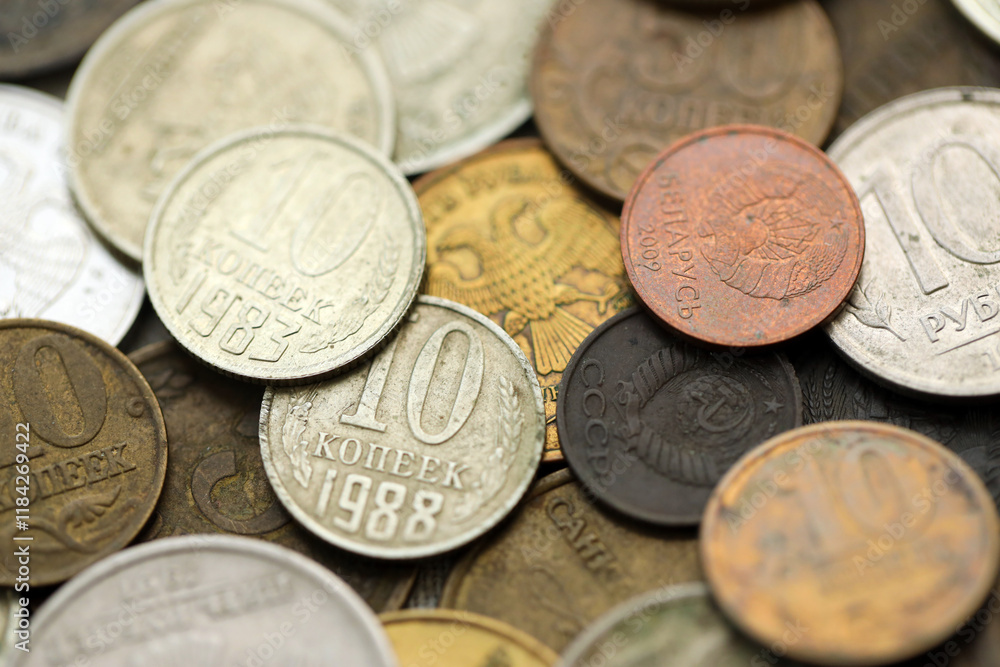 Big pile of different coins from various time period in Russia and Soviet Union. Old and dirty russian money Big pile of different coins from various time period in Russia and Soviet Union. Old and dirty russian money