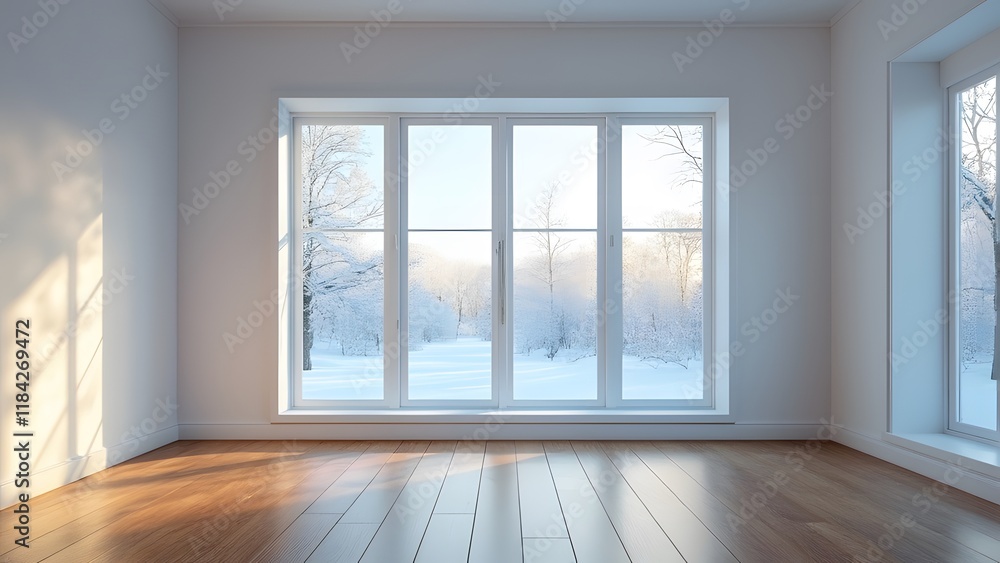 Fototapeta premium Modern Empty Room with Hardwood Floor and Winter Wonderland View - Sleek Minimalist Interior Design