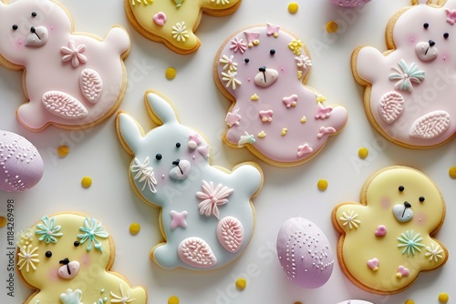 A flat lay of Easter-themed cookies and decorations on a white background. MZ photo