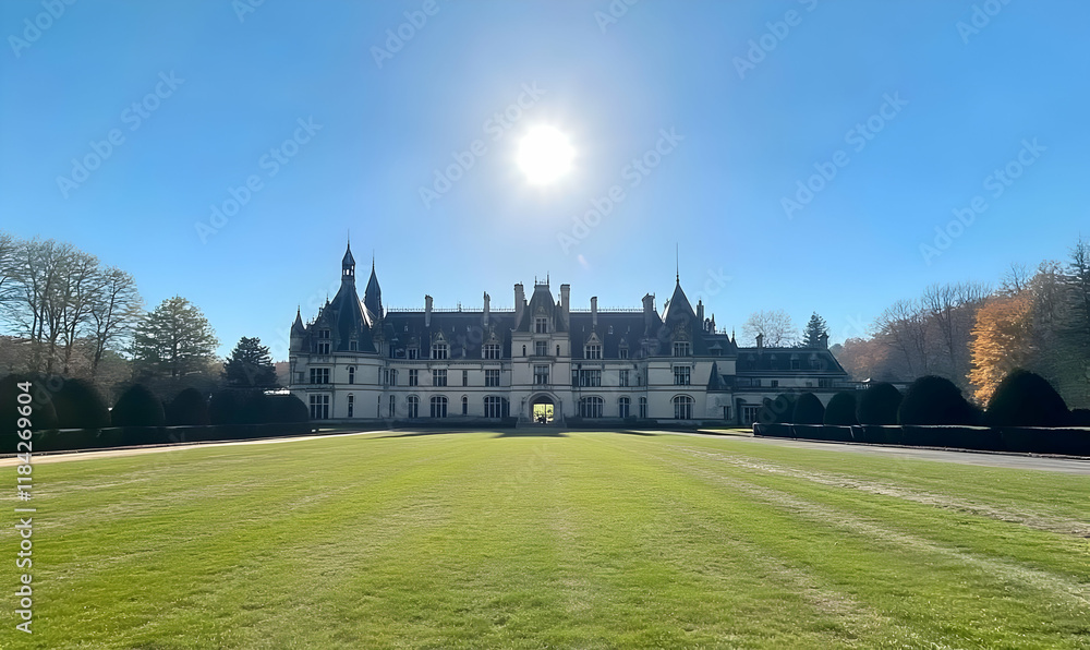 A grand mansion surrounded by a manicured lawn under a bright sun. A grand mansion surrounded by a manicured lawn under a bright sun.