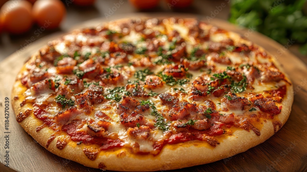 Delicious Savory Pizza: Melted cheese, savory bacon, and herbs on a crispy crust. Delicious Savory Pizza: Melted cheese, savory bacon, and herbs on a crispy crust.
