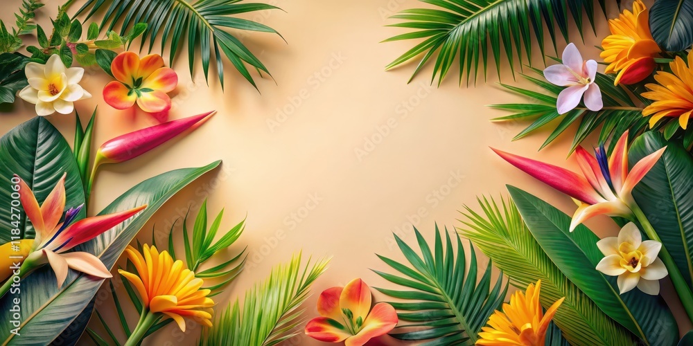 Vibrant Tropical Floral Arrangement with Lush Green Foliage and Colorful Blossoms on a Soft Beige Background Vibrant Tropical Floral Arrangement with Lush Green Foliage and Colorful Blossoms on a Soft Beige Background