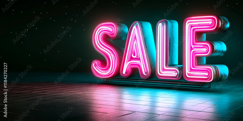 Neon sale sign with glowing pink and blue lights on a futuristic dark background Neon sale sign with glowing pink and blue lights on a futuristic dark background