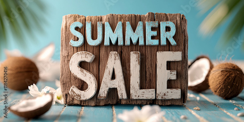 Rustic summer sale sign with coconuts and tropical elements on wooden background photo