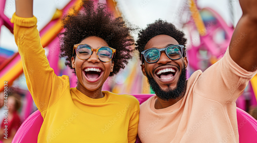 A man and woman are smiling and wearing glasses while riding a roller coaster A man and woman are smiling and wearing glasses while riding a roller coaster