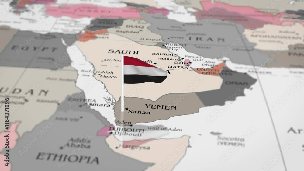 The camera rotating around yemen on the world map takes the focus. The yemen flag is waving. South African flag waving on the map 4K Animation. The camera rotating around yemen on the world map takes the focus. The yemen flag is waving. South African flag waving on the map 4K Animation.