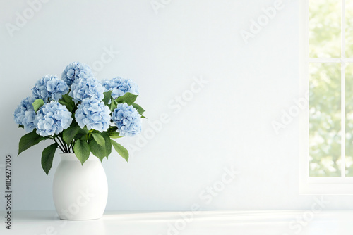 Wallpaper Mural beautiful arrangement of blue hydrangea flowers in white vase on light blue wall. soft colors create serene atmosphere, perfect for home decor Torontodigital.ca