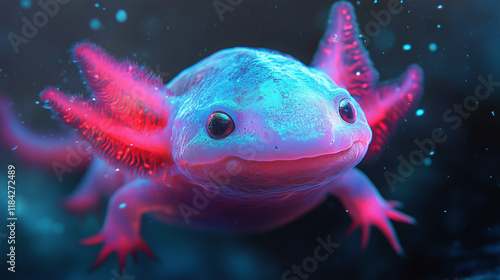 Vibrant neon axolotl in underwater habitat with blue and pink glow, floats in water
