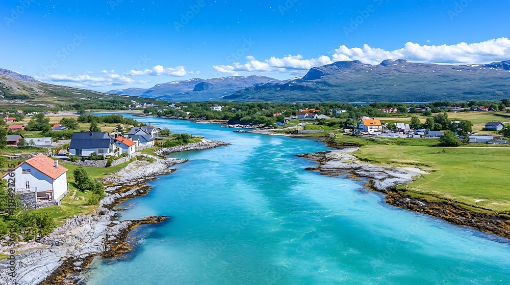 Fototapeta premium Turquoise Fjord Coastal Village Norway Scenic Summer Landscape