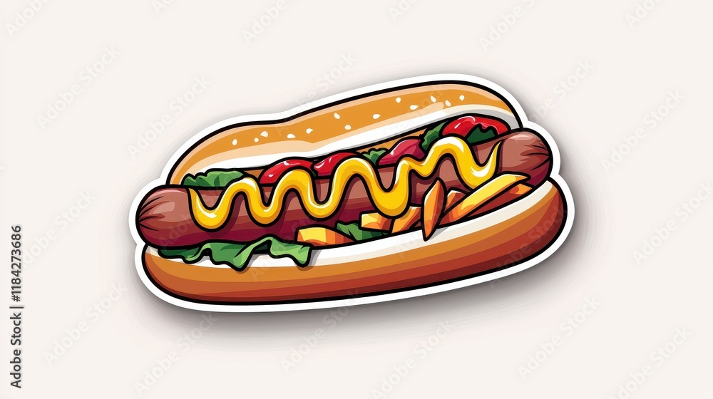 Classic Grilled Hot Dog with Mustard and Ketchup on a Bun Surrounded by Fresh Vegetables and Fries Classic Grilled Hot Dog with Mustard and Ketchup on a Bun Surrounded by Fresh Vegetables and Fries