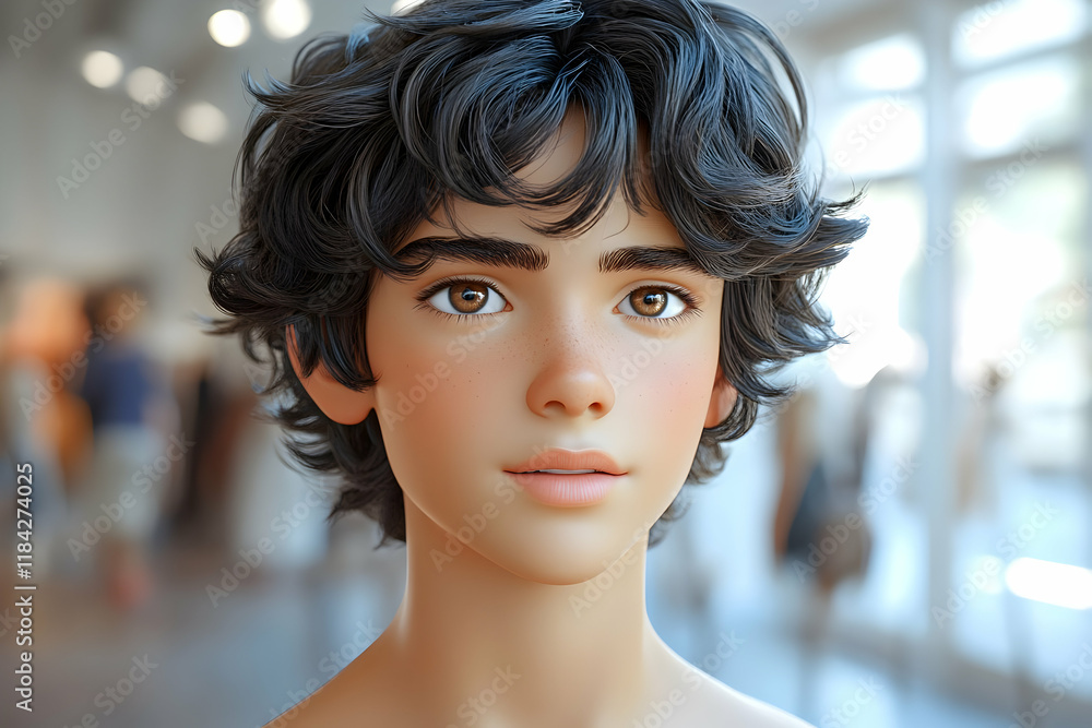 Naklejka premium Close-up Portrait of a Young Boy with Realistic Features, 3D Rendered Animation