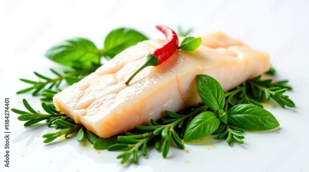 A succulent piece of fish fillet, garnished with fresh herbs and a vibrant red chili pepper, rests elegantly on a pristine white surface.