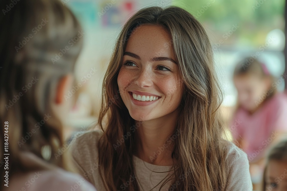 Happy teacher talks to high school student and her mother in hallway at school. Generative AI Happy teacher talks to high school student and her mother in hallway at school. Generative AI