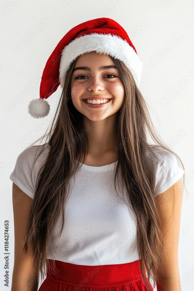 Beautiful young woman with long hair, wearing a Santa hat and red skirt, smiling happily against a white background Beautiful young woman with long hair, wearing a Santa hat and red skirt, smiling happily against a white background