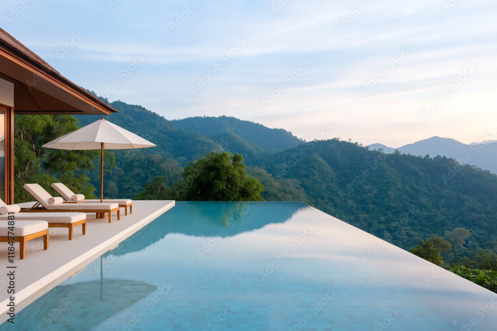 Fototapeta premium stunning infinity pool overlooking lush green mountains, with sun loungers and umbrella, creates serene and tranquil atmosphere. Perfect for relaxation and enjoying nature beauty