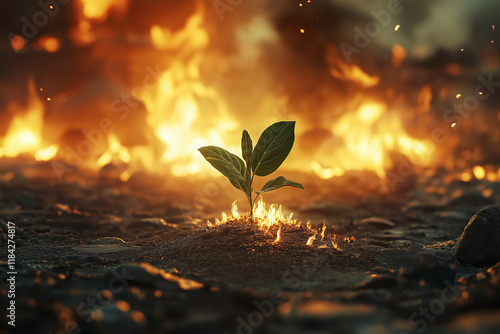 Plants on the ground and fire burning the city. generative AI