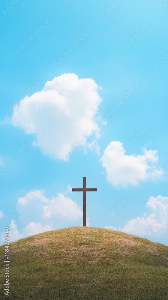 Cross on Hill Under Blue Sky with Clouds Symbolizing Redemption and Faith in Nature Landscape Photography Reflecting Spiritual Journey and Christian Belief in Peaceful Environment Cross on Hill Under Blue Sky with Clouds Symbolizing Redemption and Faith in Nature Landscape Photography Reflecting Spiritual Journey and Christian Belief in Peaceful Environment