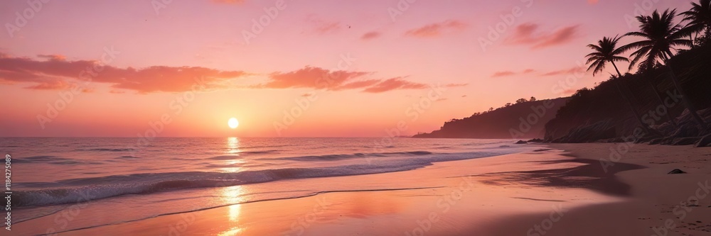 Soft pink and peach tones bleed into vibrant orange as day succumbs to night at the seaside, warm tones, peaceful evening Soft pink and peach tones bleed into vibrant orange as day succumbs to night at the seaside, warm tones, peaceful evening