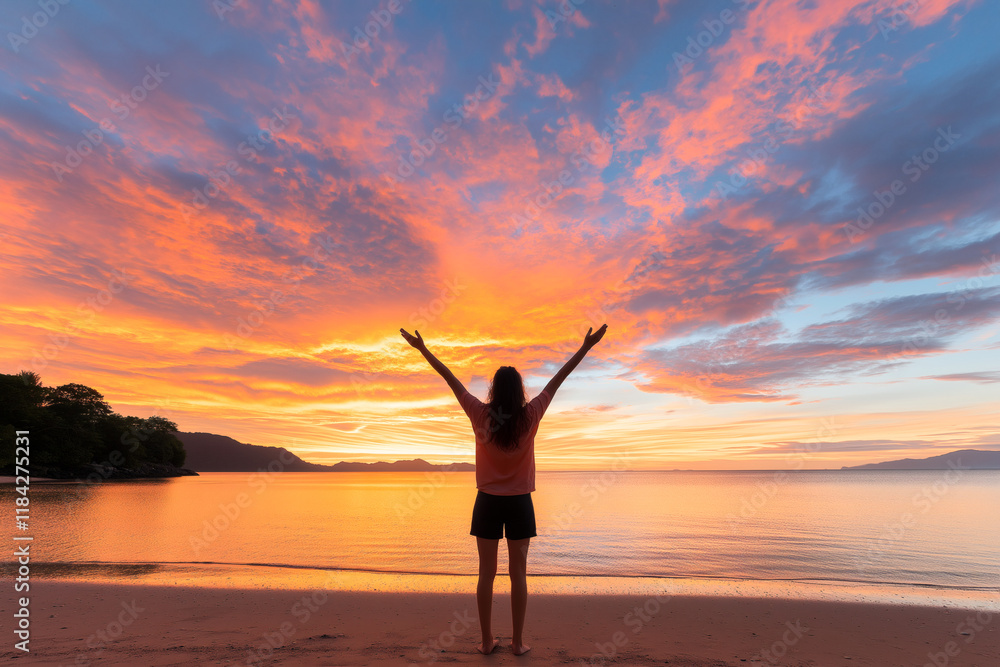 young woman stands on beach at sunset, arms raised in joy, surrounded by vibrant colors of sky reflecting on water. scene evokes sense of freedom and tranquility young woman stands on beach at sunset, arms raised in joy, surrounded by vibrant colors of sky reflecting on water. scene evokes sense of freedom and tranquility