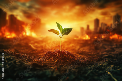 Plants on the ground and fire burning the city. generative AI