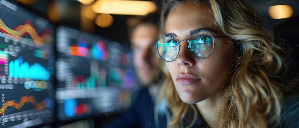 Professional female and statistician analyzing graphics on their multi-monitor computers close up copy space Professional female and statistician analyzing graphics on their multi-monitor computers close up copy space