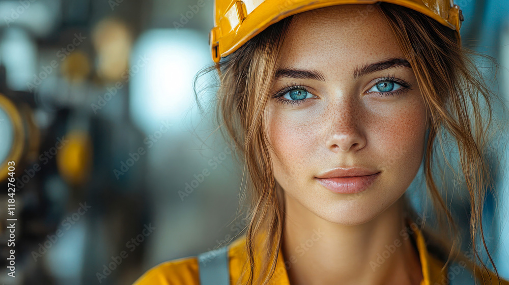 Close-up of a young female engineer in an industrial setting, wearing an orange helmet, exuding confidence and focus Close-up of a young female engineer in an industrial setting, wearing an orange helmet, exuding confidence and focus