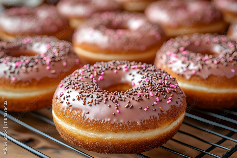 Close-up of assorted glazed donuts with chocolate and pink sprinkles, arranged on a wire rack Close-up of assorted glazed donuts with chocolate and pink sprinkles, arranged on a wire rack