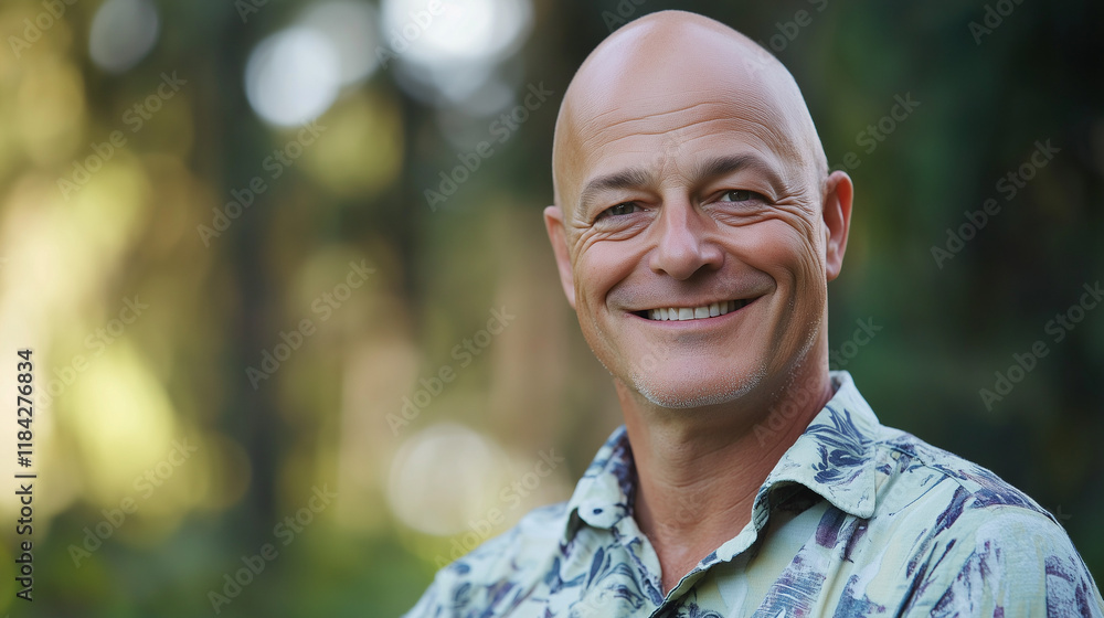 Smiling mature caucasian male in nature with bald head and floral shirt, copy space Smiling mature caucasian male in nature with bald head and floral shirt, copy space