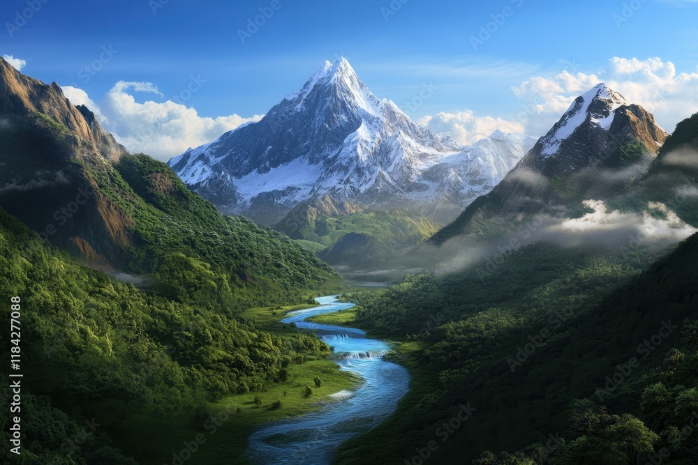 Majestic snow-capped mountains with serene river in lush green valley Majestic snow-capped mountains with serene river in lush green valley