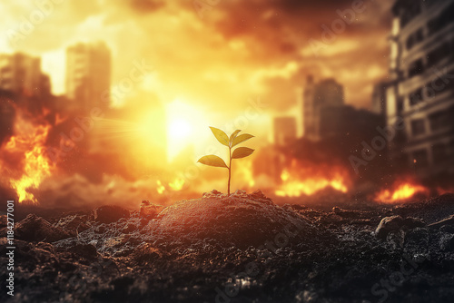 Plants on the ground and fire burning the city. generative AI