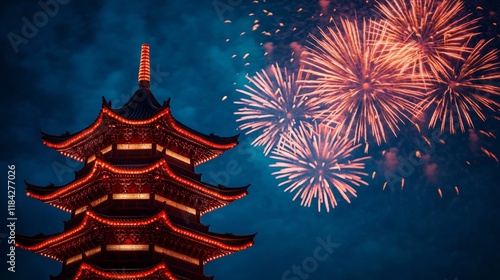 Vibrant Fireworks Exploding Over Traditional Chinese Pagoda During Cultural